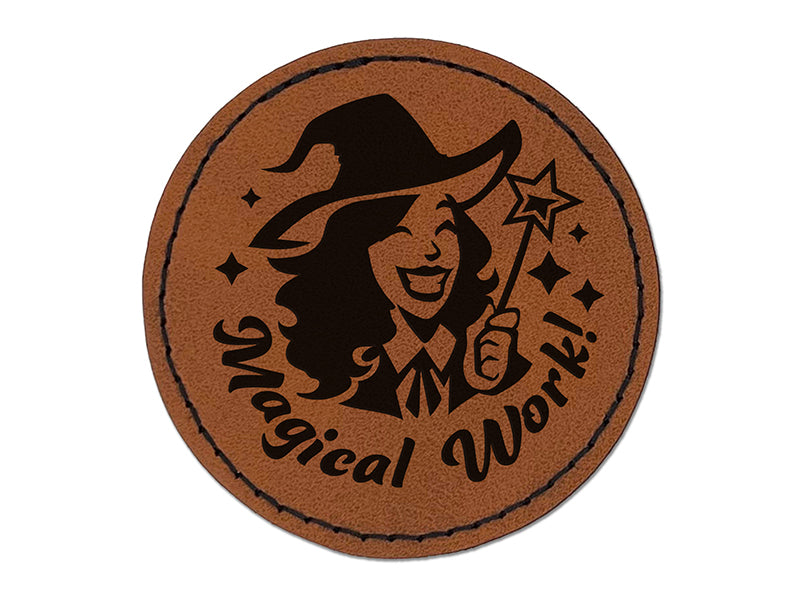 Magical Work Witch Wizard Mage Teacher Student Round Iron-On Engraved Faux Leather Patch Applique - 2.5"