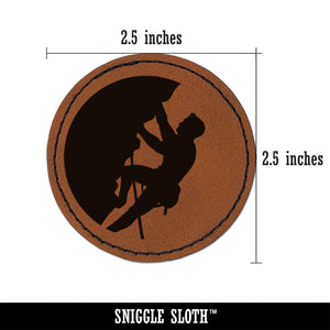 Mountain Climber Rock Climbing Hiking Round Iron-On Engraved Faux Leather Patch Applique - 2.5"