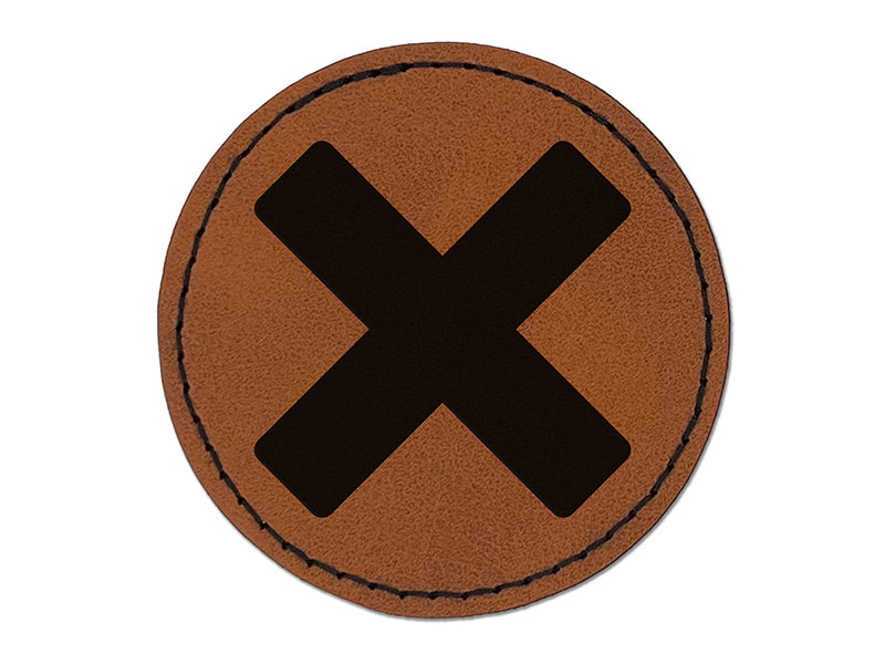 Multiplication Multiply Cross X Math Symbol Round Iron-On Engraved Faux Leather Patch Applique - 2.5"