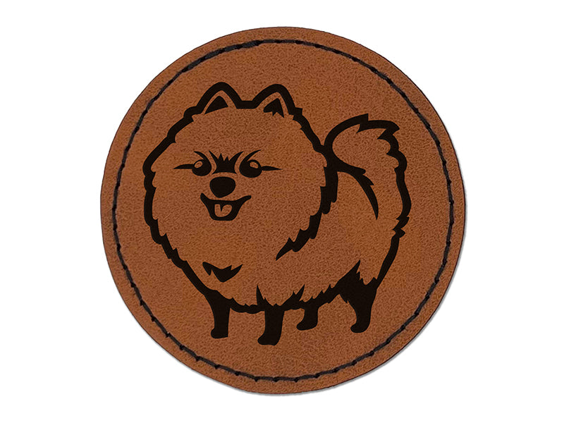 Perky Pomeranian Pup Dog Pet Round Iron-On Engraved Faux Leather Patch Applique - 2.5"