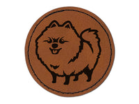 Perky Pomeranian Pup Dog Pet Round Iron-On Engraved Faux Leather Patch Applique - 2.5"