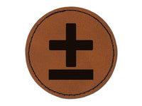 Plus or Minus Range of Values Math Symbol Round Iron-On Engraved Faux Leather Patch Applique - 2.5"