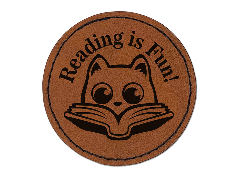 Reading is Fun Cat with Book Teacher Student Round Iron-On Engraved Faux Leather Patch Applique - 2.5"