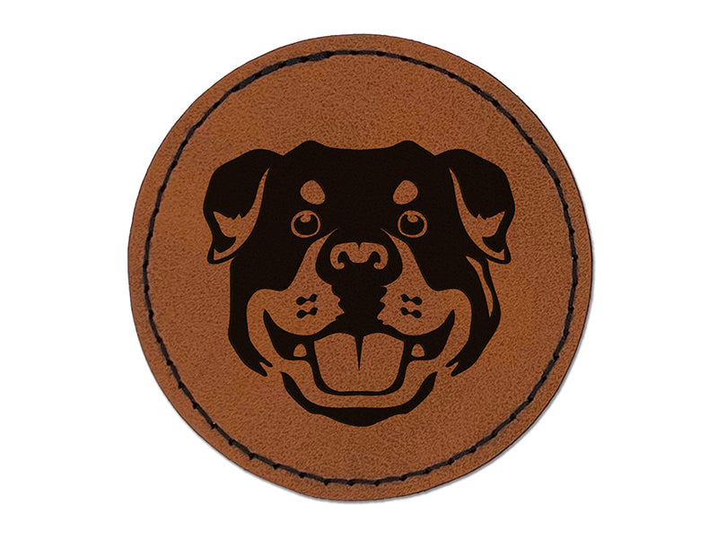 Rottweiler Head Dog Pet Round Iron-On Engraved Faux Leather Patch Applique - 2.5"