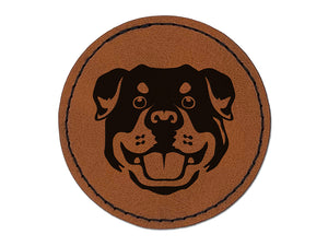 Rottweiler Head Dog Pet Round Iron-On Engraved Faux Leather Patch Applique - 2.5"