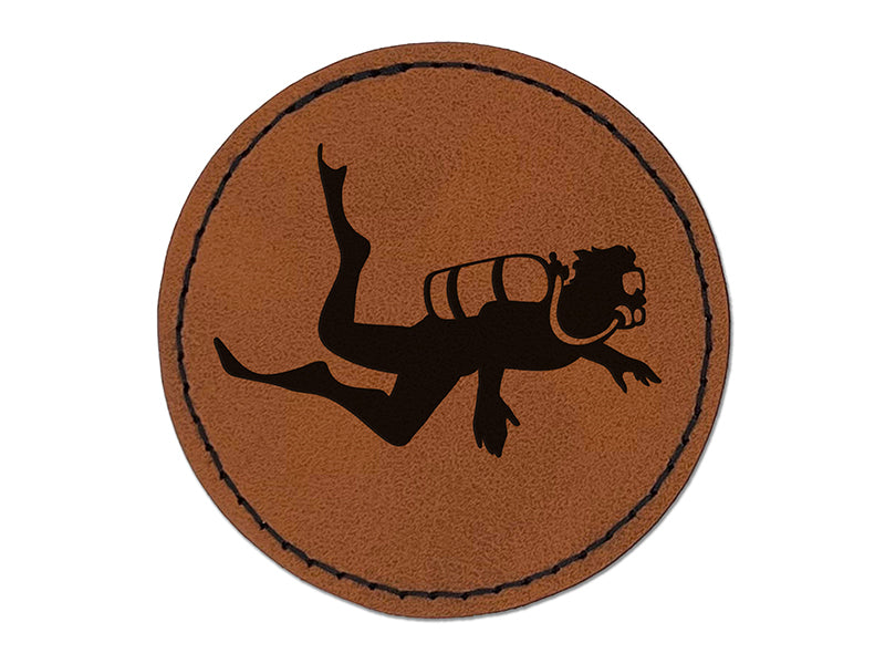Scuba Diver Diving Swimming in the Ocean Underwater Round Iron-On Engraved Faux Leather Patch Applique - 2.5"