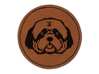 Shaggy Shih Tzu Dog Head Round Iron-On Engraved Faux Leather Patch Applique - 2.5"