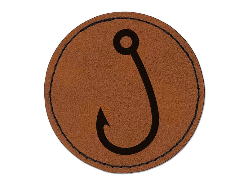 Single Barbed Fishing Hook Angler Fisherman Round Iron-On Engraved Faux Leather Patch Applique - 2.5"