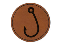 Single Barbed Fishing Hook Angler Fisherman Round Iron-On Engraved Faux Leather Patch Applique - 2.5"