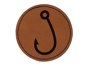 Single Barbed Fishing Hook Angler Fisherman Round Iron-On Engraved Faux Leather Patch Applique - 2.5"