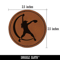 Softball Pitcher Underhand Throw Round Iron-On Engraved Faux Leather Patch Applique - 2.5"