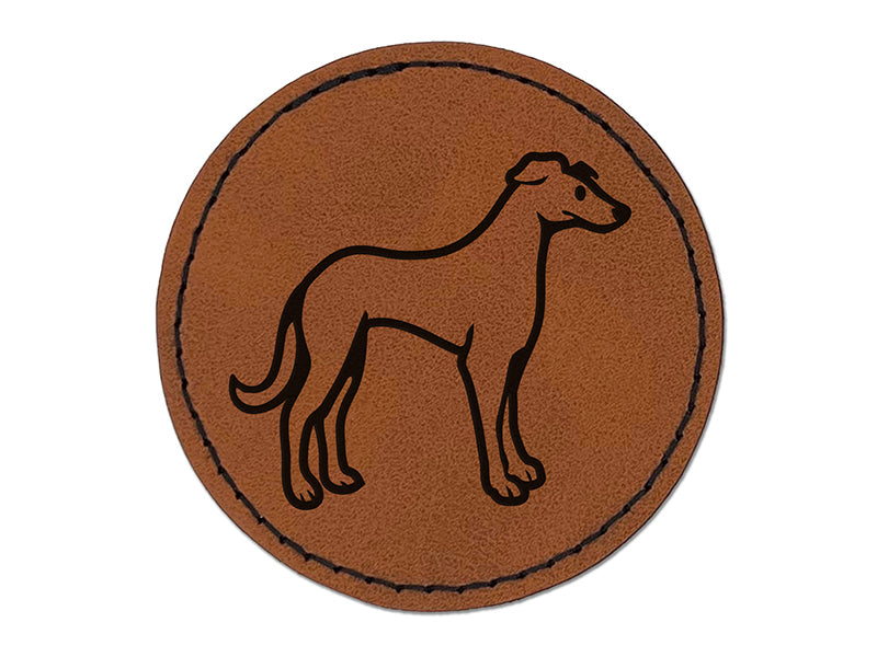 Speedy Lanky Greyhound Dog Round Iron-On Engraved Faux Leather Patch Applique - 2.5"