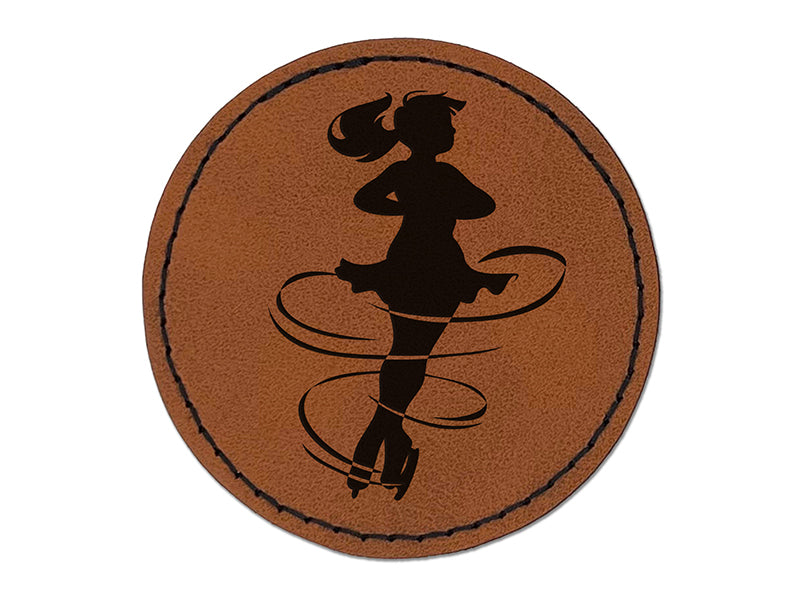 Spinning Jump Ice Figure Skating Skater Woman Round Iron-On Engraved Faux Leather Patch Applique - 2.5"