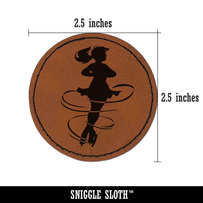 Spinning Jump Ice Figure Skating Skater Woman Round Iron-On Engraved Faux Leather Patch Applique - 2.5"