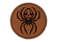 Spooky Spider with Skeleton Skull Markings Round Iron-On Engraved Faux Leather Patch Applique - 2.5"