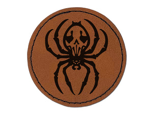 Spooky Spider with Skeleton Skull Markings Round Iron-On Engraved Faux Leather Patch Applique - 2.5"
