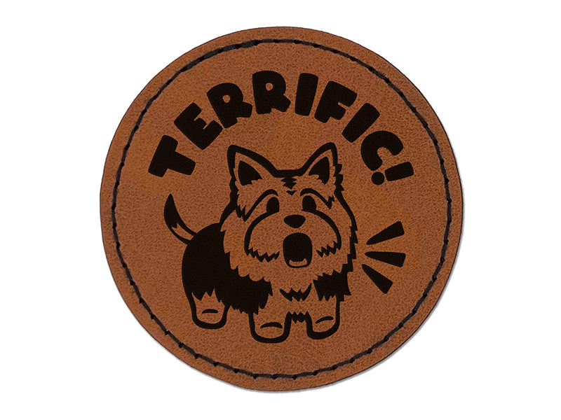 Terrific Terrier Compliment Teacher Student Round Iron-On Engraved Faux Leather Patch Applique - 2.5"