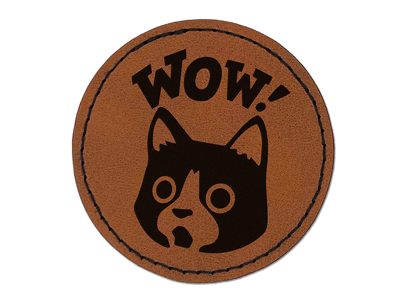 Wow Surprised Cat Teacher Student Round Iron-On Engraved Faux Leather Patch Applique - 2.5"