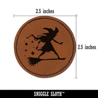 Young Witch Surfing on Broomstick Halloween Round Iron-On Engraved Faux Leather Patch Applique - 2.5"