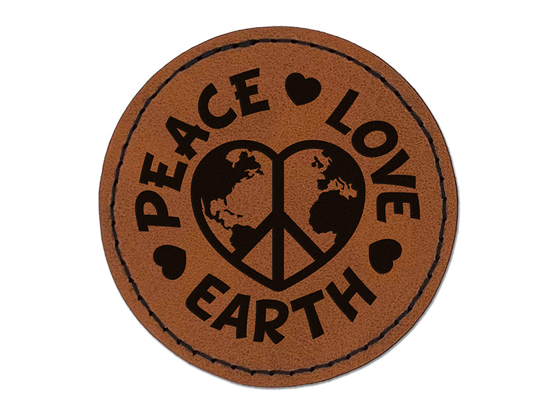 Peace Love Earth Round Iron-On Engraved Faux Leather Patch Applique - 2.5"
