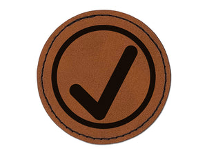 Check Mark in Circle Completed Round Iron-On Engraved Faux Leather Patch Applique - 2.5"