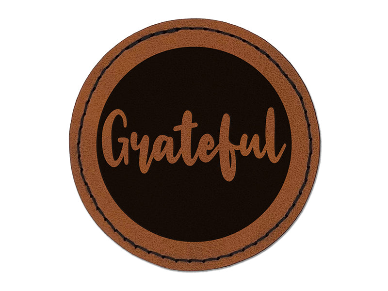 Grateful Text in Circle Round Iron-On Engraved Faux Leather Patch Applique - 2.5"