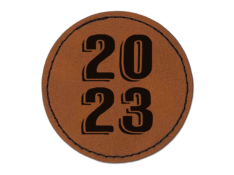 2023 Stacked Graduation Shadow Round Iron-On Engraved Faux Leather Patch Applique - 2.5"