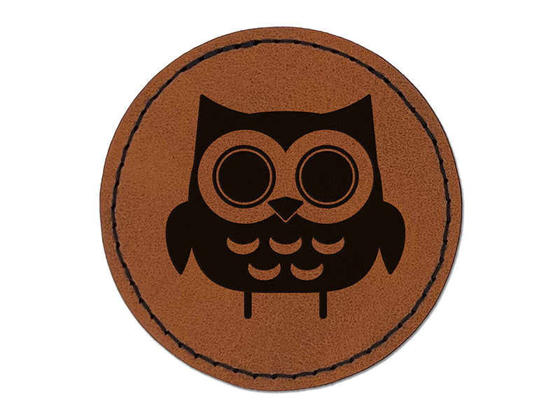 Adorable Little Hoot Owl Round Iron-On Engraved Faux Leather Patch Applique - 2.5"