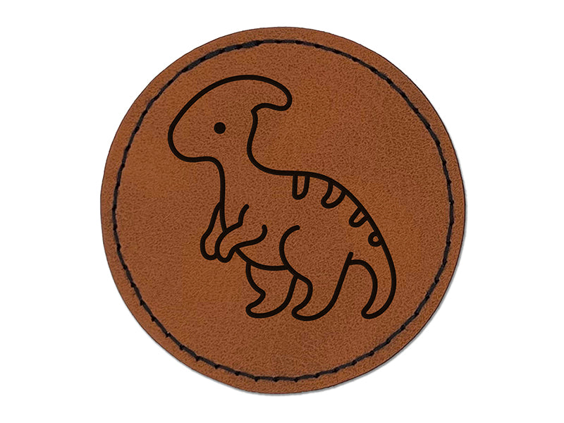 Baby Nursery Parasaurolophus Dinosaur Round Iron-On Engraved Faux Leather Patch Applique - 2.5"
