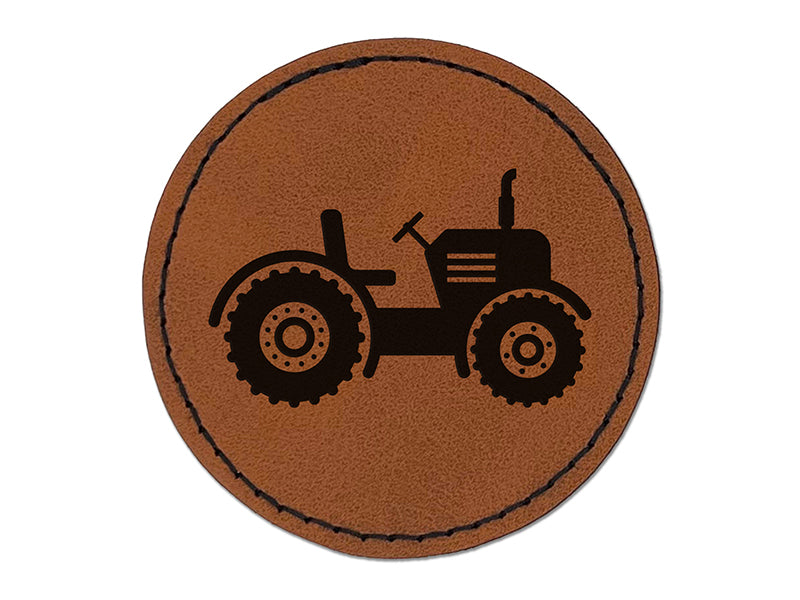 Farm Tractor Round Iron-On Engraved Faux Leather Patch Applique - 2.5"