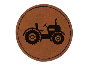 Farm Tractor Round Iron-On Engraved Faux Leather Patch Applique - 2.5"