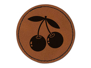 Pair of Cherries on Stem Cherry Fruit Round Iron-On Engraved Faux Leather Patch Applique - 2.5"