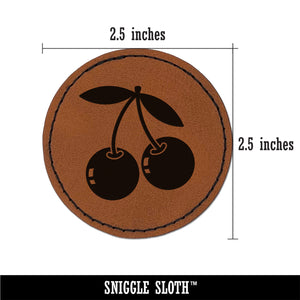 Pair of Cherries on Stem Cherry Fruit Round Iron-On Engraved Faux Leather Patch Applique - 2.5"