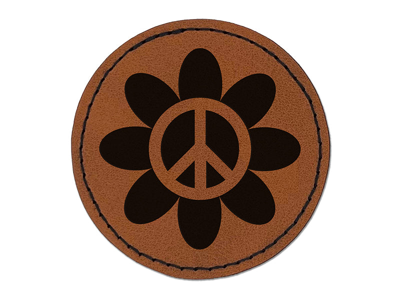 Peace Sign Flower Hippie Boho Love Happiness Round Iron-On Engraved Faux Leather Patch Applique - 2.5"
