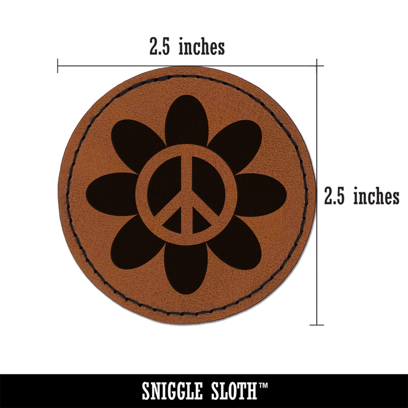 Peace Sign Flower Hippie Boho Love Happiness Round Iron-On Engraved Faux Leather Patch Applique - 2.5"