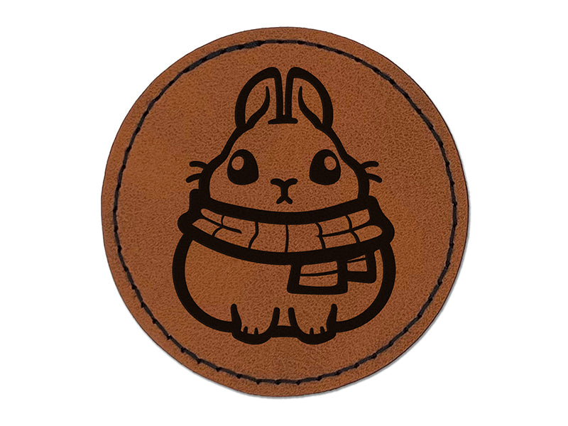 Plump Bunny Wearing Winter Scarf Round Iron-On Engraved Faux Leather Patch Applique - 2.5"