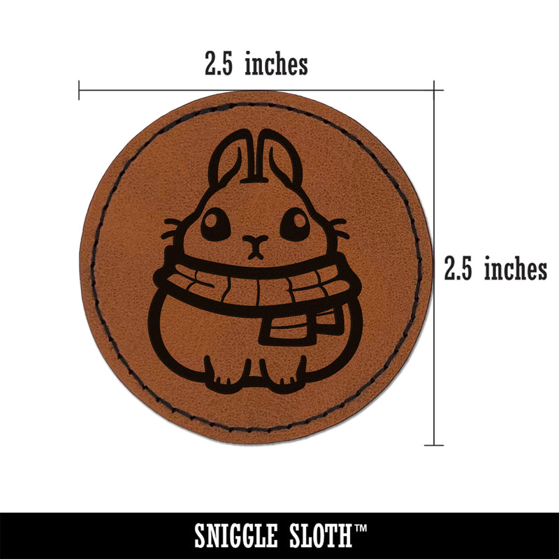 Plump Bunny Wearing Winter Scarf Round Iron-On Engraved Faux Leather Patch Applique - 2.5"