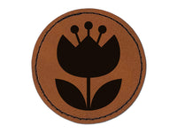 Scandinavian Bulbous Tulip Round Iron-On Engraved Faux Leather Patch Applique - 2.5"