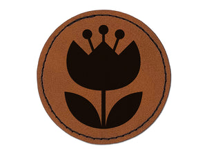 Scandinavian Bulbous Tulip Round Iron-On Engraved Faux Leather Patch Applique - 2.5"