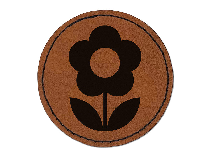 Scandinavian Daisy Simple Flower Round Iron-On Engraved Faux Leather Patch Applique - 2.5"