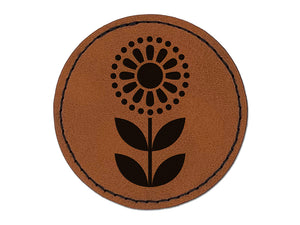 Scandinavian Sunflower Round Iron-On Engraved Faux Leather Patch Applique - 2.5"