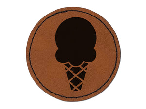 Single Scoop Ice Cream Cone Round Iron-On Engraved Faux Leather Patch Applique - 2.5"