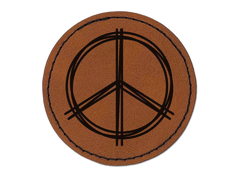 Sketchy Peace Sign Doodle Round Iron-On Engraved Faux Leather Patch Applique - 2.5"
