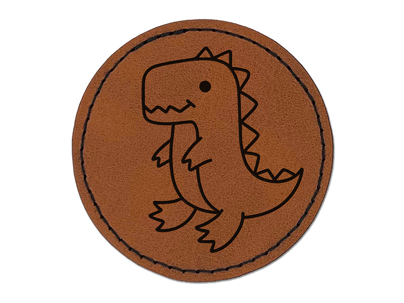 Sweet Kawaii Dinosaur Round Iron-On Engraved Faux Leather Patch Applique - 2.5"