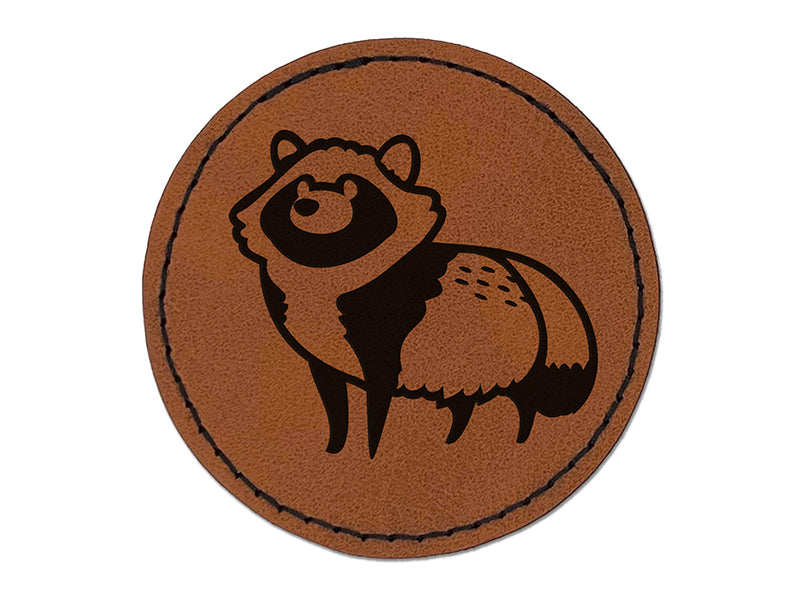 Alert Tanuki Japanese Raccoon Dog Round Iron-On Engraved Faux Leather Patch Applique - 2.5"