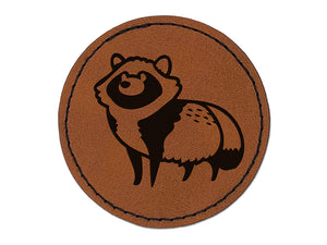 Alert Tanuki Japanese Raccoon Dog Round Iron-On Engraved Faux Leather Patch Applique - 2.5"