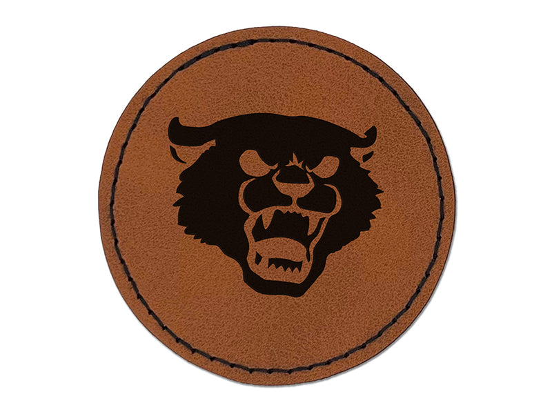 Angry Hissing Cat Face Round Iron-On Engraved Faux Leather Patch Applique - 2.5"