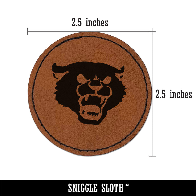 Angry Hissing Cat Face Round Iron-On Engraved Faux Leather Patch Applique - 2.5"