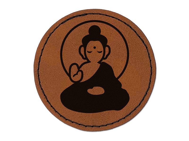 Buddha Siddhartha Gautama Buddhist Buddhism Round Iron-On Engraved Faux Leather Patch Applique - 2.5"
