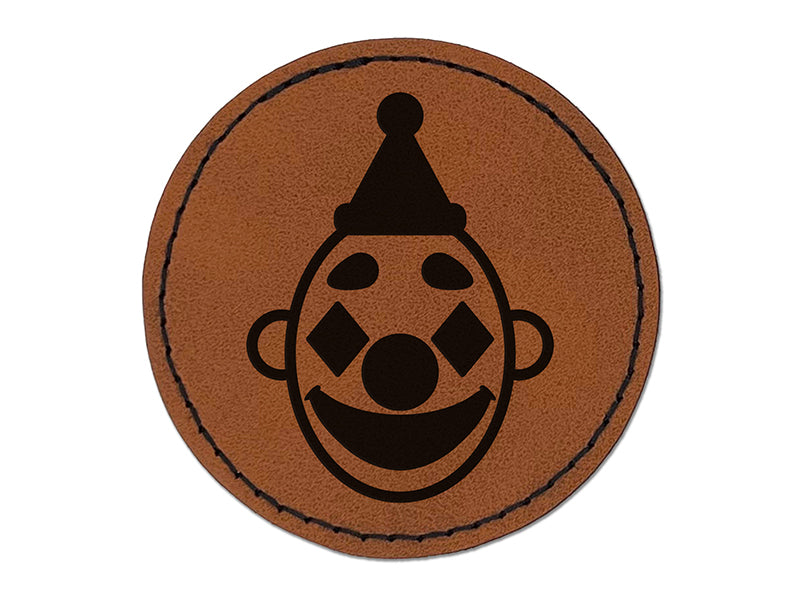 Classic Clown Head Circus Carnival Round Iron-On Engraved Faux Leather Patch Applique - 2.5"